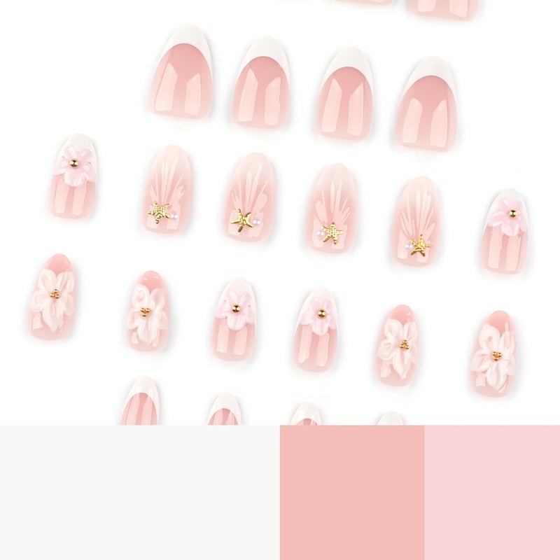 ASABITE 24Pcs Pink Flower Press on Nails Medium Almond Fake Nails with Glue White French Tip False Nails with 3D floral Starfish Pearl Design Cute Almond Nails Press ons Reusable Stick on Nail for Women - Image 3